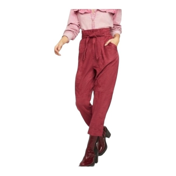 FREE PEOPLE Nightfall Suede Tie Waist Paperbag Pant Size 2 Pomegranate NWT - Picture 4 of 10